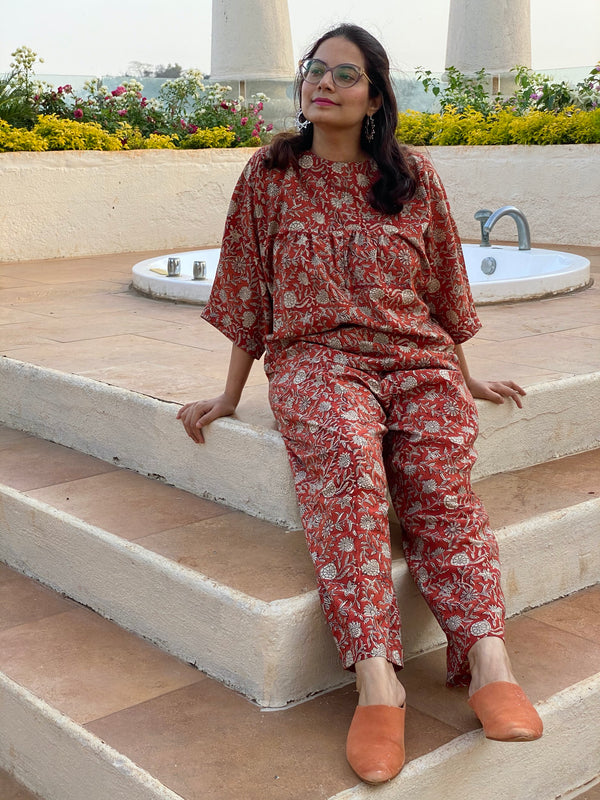Red Floral Motif Hand Block Printed Pjs | Organic Cotton Pajama Set | Available in both shorts and pants style