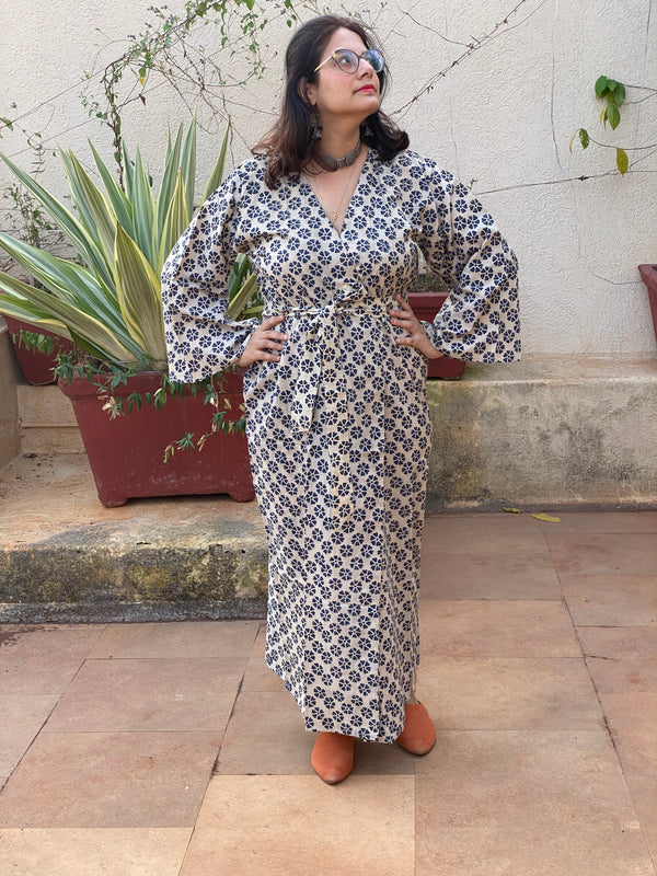 Ivory Blue Floral Motif Hand Block Printed Kimono Robe | Available in both Knee and Ankle Length