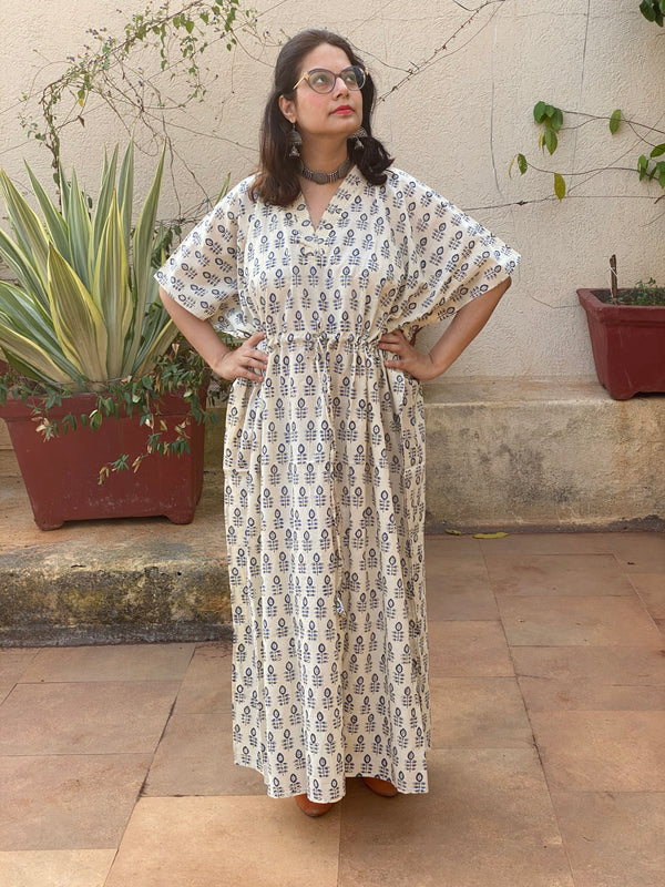 Ivory Blue leafy Motif Hand-Blocked Caftan with V-Neck, Cinched Waist and Available in both Knee and Ankle Length