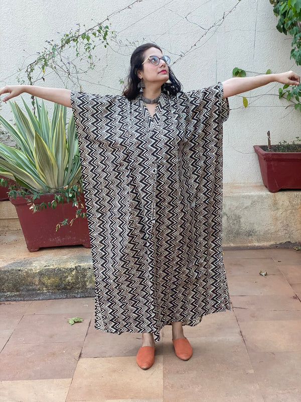 Black Chevron Motif Hand Block Printed Caftan with V-Neck, Cinched Waist and Available in both Knee and Ankle Length