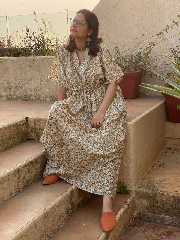 Cream Gold Paisley Motif Hand Block Printed Caftan with V-Neck, Cinched Waist and Available in both Knee and Ankle Length