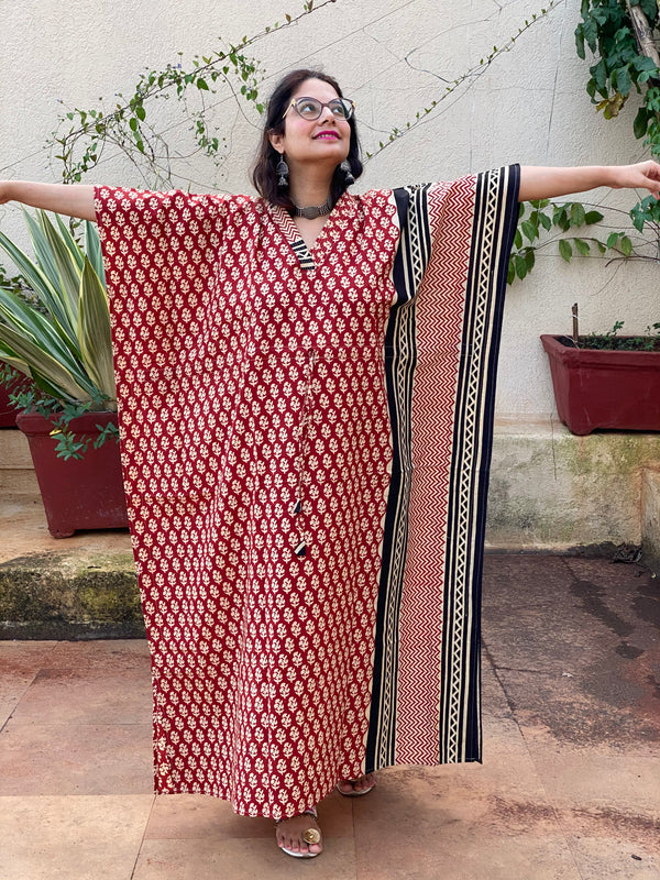 Red Black Bordered Hand Block Printed Caftan with V-Neck, Cinched Waist and Available in both Knee and Ankle Length