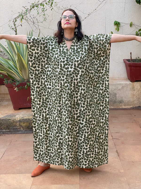 Ivory Green Leafy Motif Hand Block Printed Caftan with V-Neck, Cinched Waist and Available in both Knee and Ankle Length