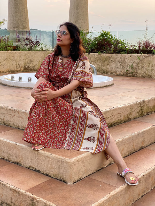 Red Mustard Floral Bordered Hand Block Printed Caftan with V-Neck, Cinched Waist and Available in both Knee and Ankle Length