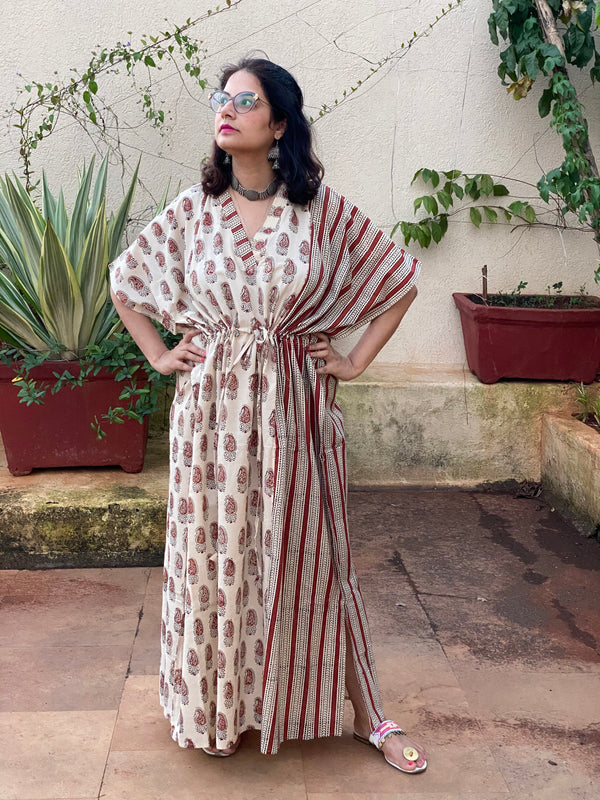 Cream Red Paisley Bordered Hand Block Printed Caftan with V-Neck, Cinched Waist and Available in both Knee and Ankle Length