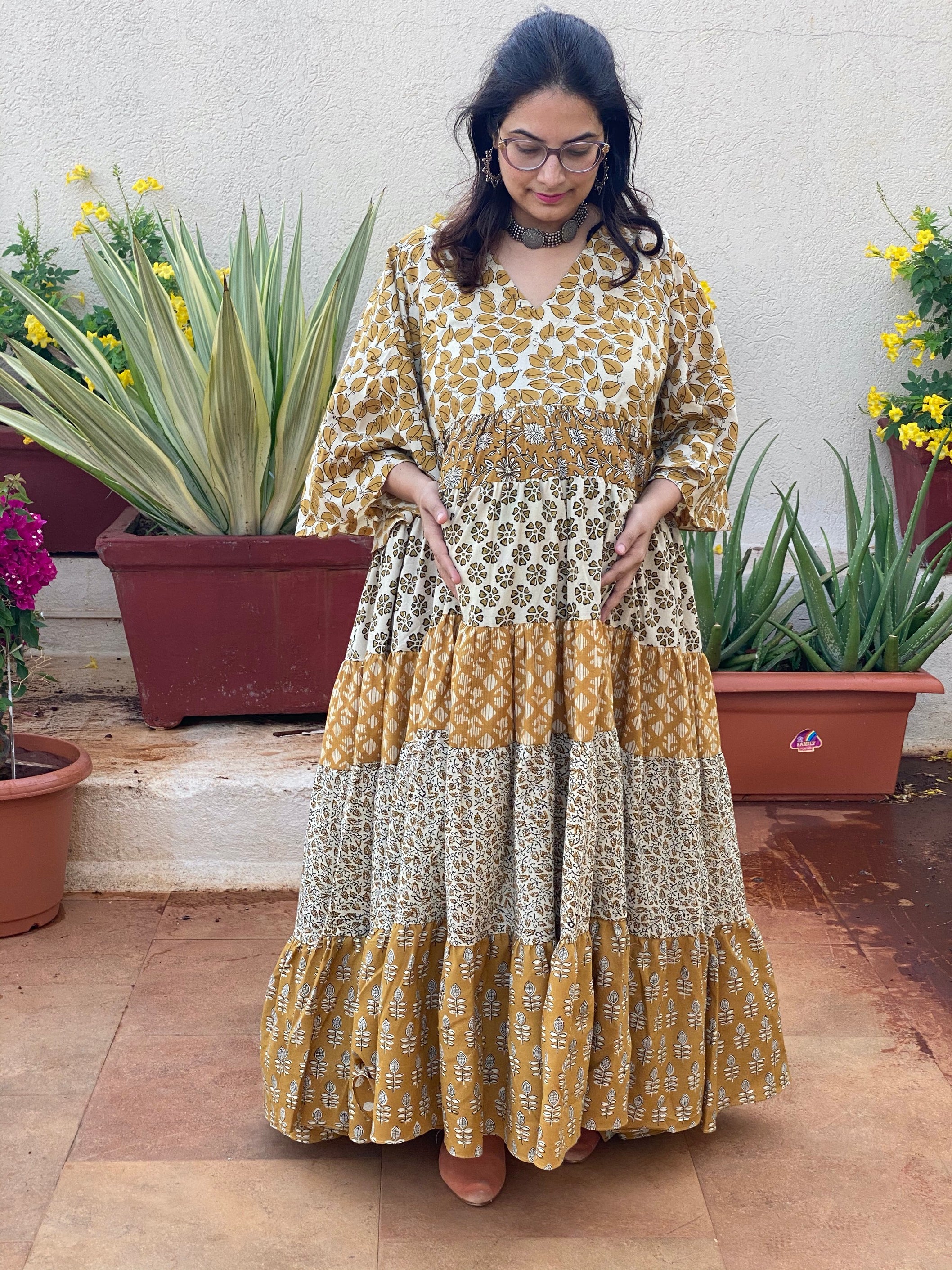 Mixed Patterns Gold and Ivory Hand-Block 5-Tier Maternity Dress Mixed Patterns Gold and Ivory Hand-Block 5-Tier Maternity Dress