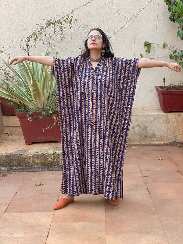 Blue Red Stripes Hand Block Printed Caftan with V-Neck, Cinched Waist and Available in both Knee and Ankle Length