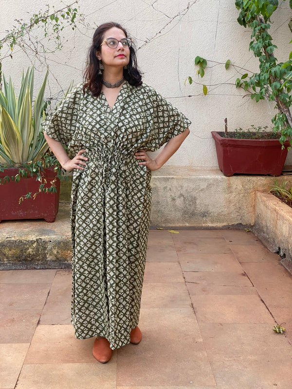 Green Diamond Motif Hand-Blocked Caftan with V-Neck, Cinched Waist and Available in both Knee and Ankle Length
