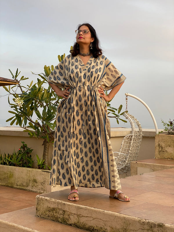 Ivory Blue Paisley Bordered Hand Block Printed Caftan with V-Neck, Cinched Waist and Available in both Knee and Ankle Length