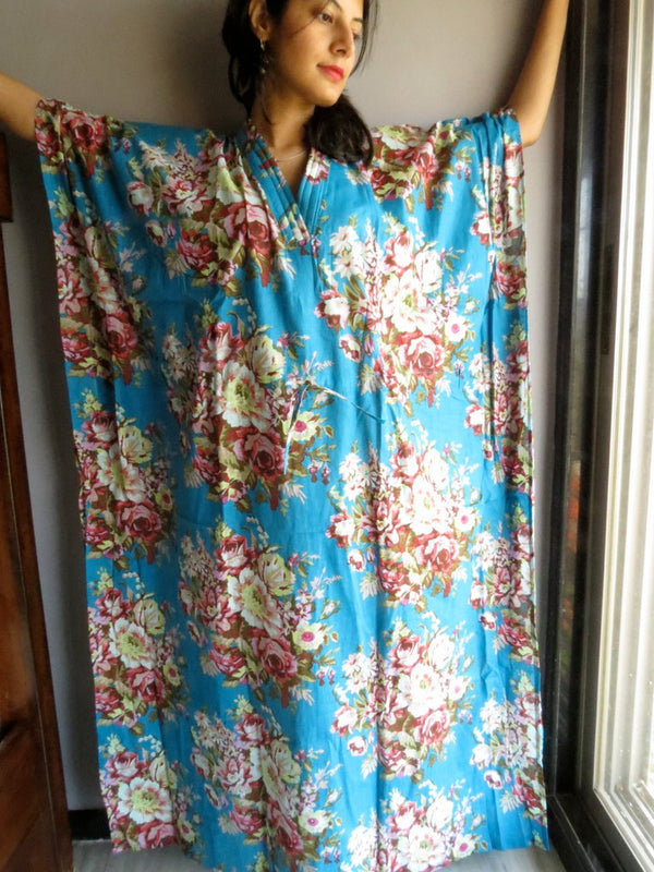 Blue Floral Rosy Red Posy V-Neck, Ankle Length, Cinched Waist Caftan