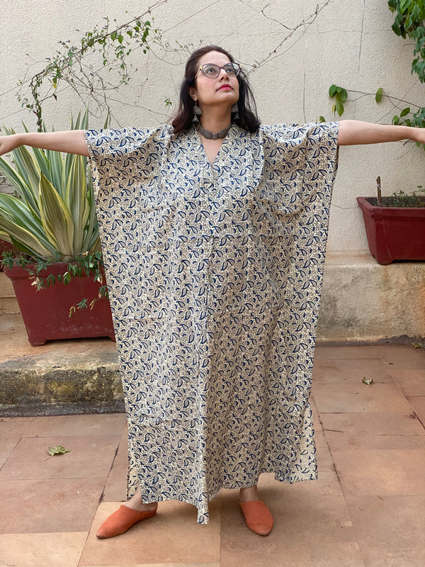 Ivory Blue Paisley Motif Hand Block Printed Caftan with V-Neck, Cinched Waist and Available in both Knee and Ankle Length