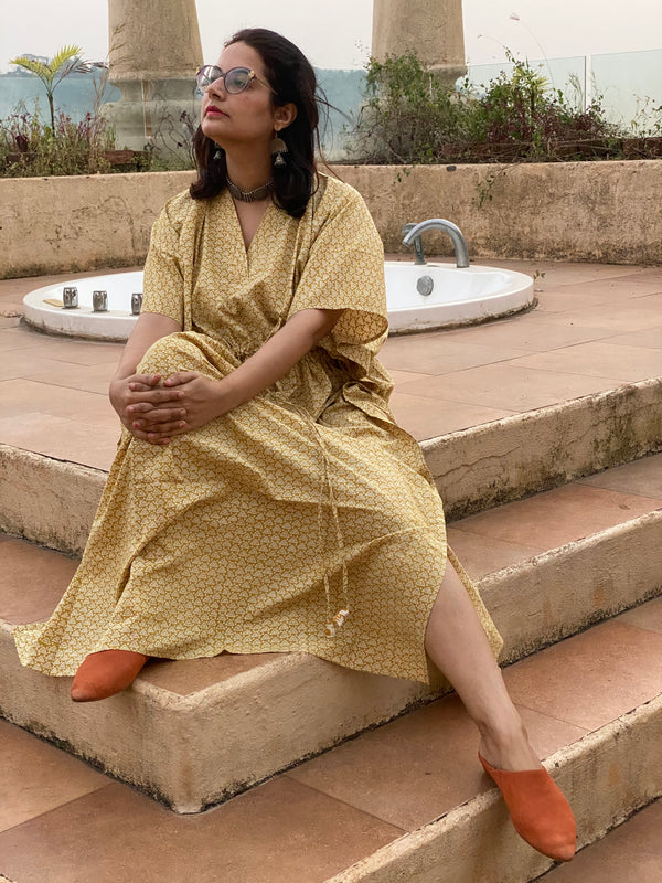Yellow Triangle Motif Hand Block Printed Caftan with V-Neck, Cinched Waist and Available in both Knee and Ankle Length