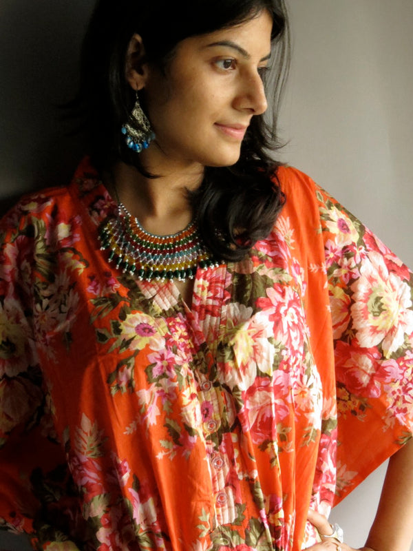 Orange Floral Rosy Red Posy V-Neck Button Down to Waist, Ankle Length, Cinched Waist Caftan-A3fabric Code