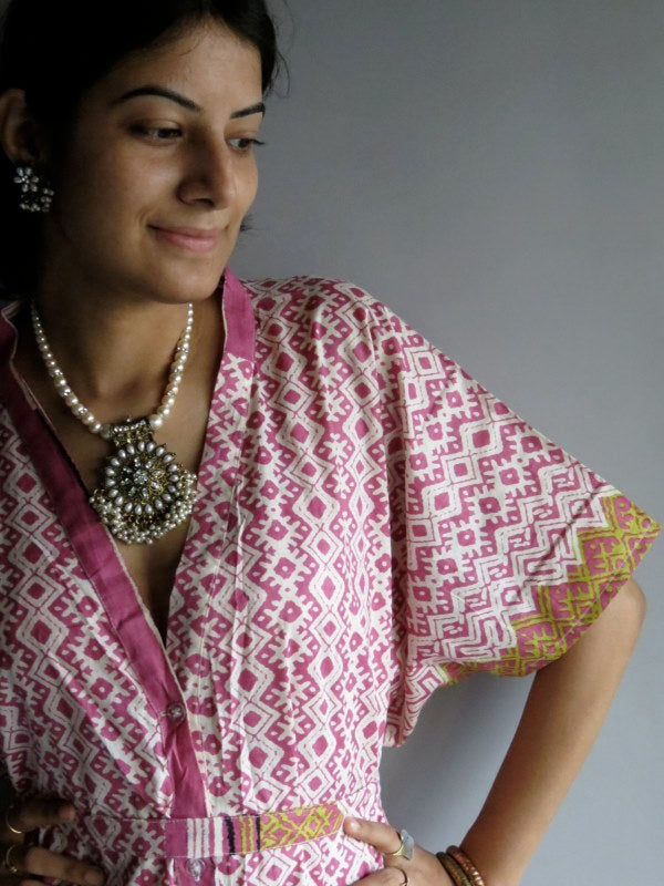 Pink Chevron Geometric V-Neck Full Button Down, Knee Length, Belted Caftan-H6 fabric Code
