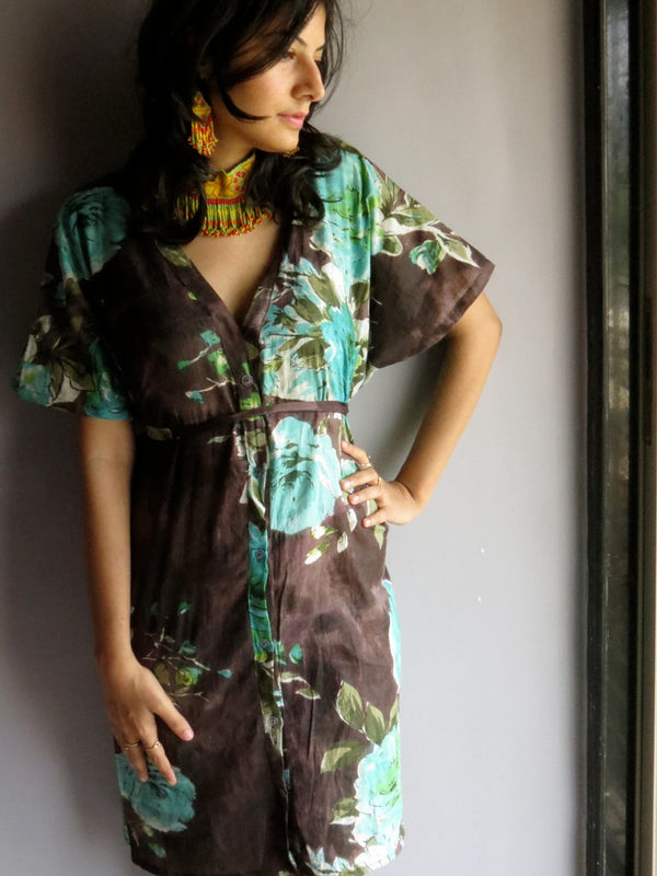 Brown Multicolor Big Flower V-Neck Button Down to Waist, Knee Length, Cinched Waist Caftan