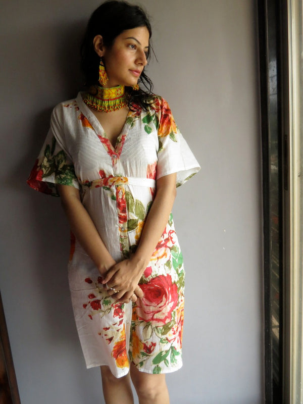WhiteMulticolor Big Flower V-Neck Button Down to Waist, Knee Length, Cinched Waist Caftan