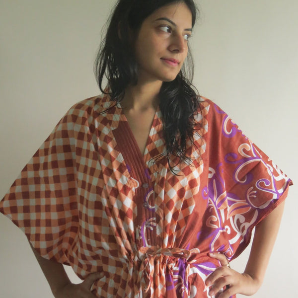 Brown Plaid V-Neck Button Down to Waist, Ankle Length, Cinched Waist Caftan