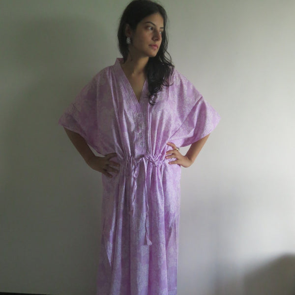 Lilac Damask V-Neck Button Down to Waist, Ankle Length, Cinched Waist Caftan