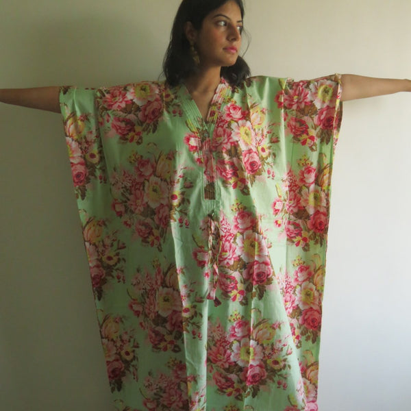 Mint Floral Rosy Red Posy V-Neck Button Down to Waist, Ankle Length, Cinched Waist Caftan