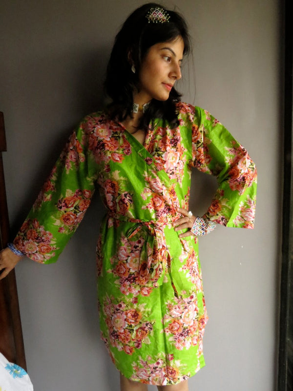 Green Floral Knee Length, Kimono Crossover Belted Robe-C10 fabric Code