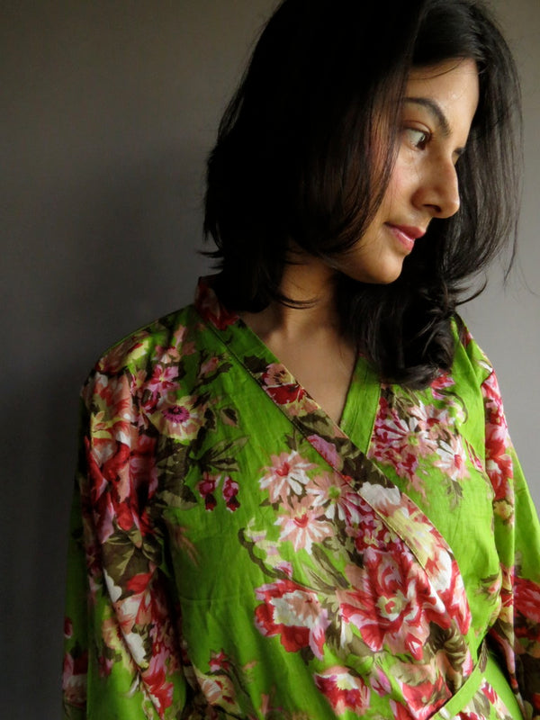 Green Floral Ankle Length, Kimono Crossover Belted Robe
