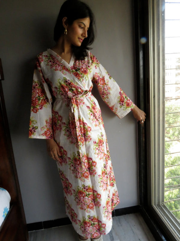 White Floral Ankle Length, Kimono Crossover Belted Robe-C7 fabric Code