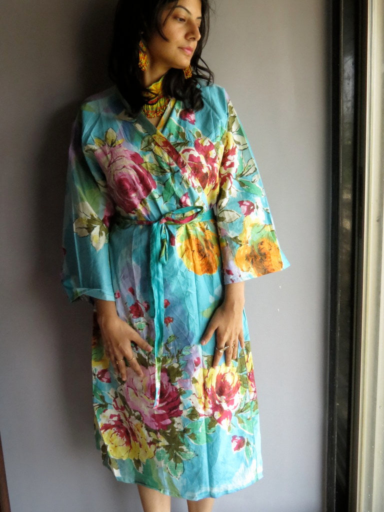 Blue Floral Knee Length, Kimono Crossover Belted Robe Blue Floral Knee Length, Kimono Crossover Belted Robe
