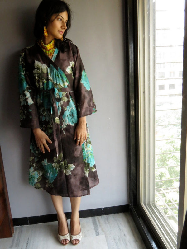 Brown Floral Knee Length, Kimono Crossover Belted Robe