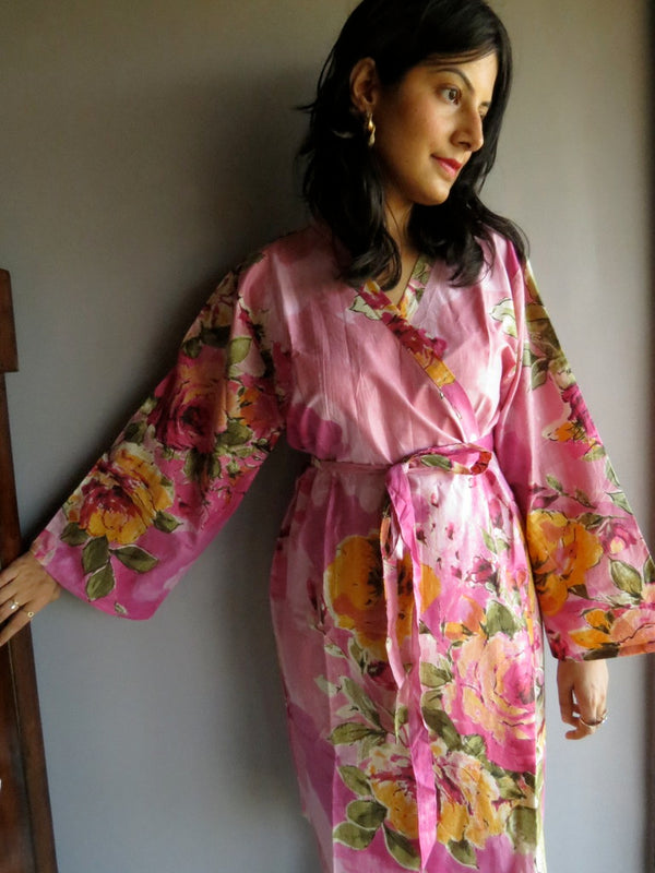 Pink Floral Knee Length, Kimono Crossover Belted Robe-D5 fabric Code