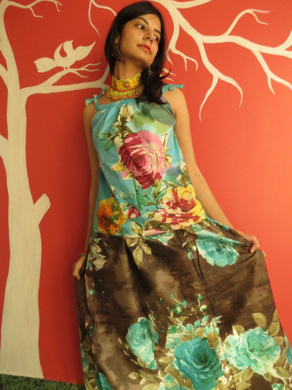 Brown Floral A-line Drawstring Skirt