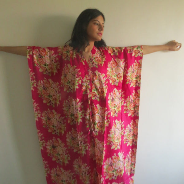 Magenta Floral Posy V-Neck Button Down to Waist, Ankle Length, Cinched Waist Caftan