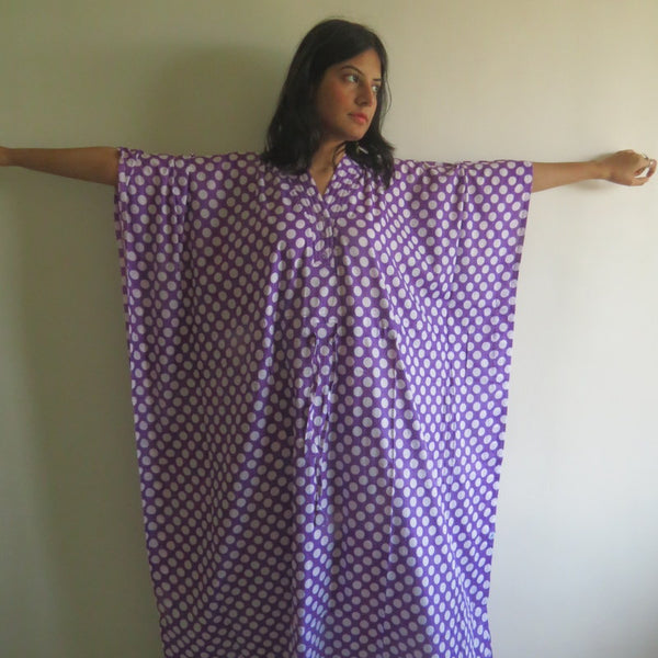 Lilac Polka Dots V-Neck Button Down to Waist, Ankle Length, Cinched Waist Caftan