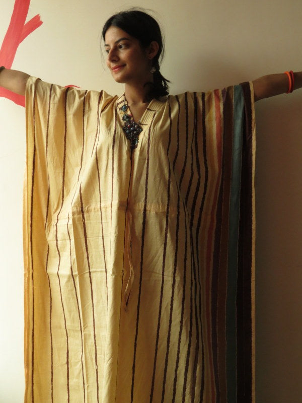 Yellow Striped V-Neck, Ankle Length, Cinched Waist Caftan