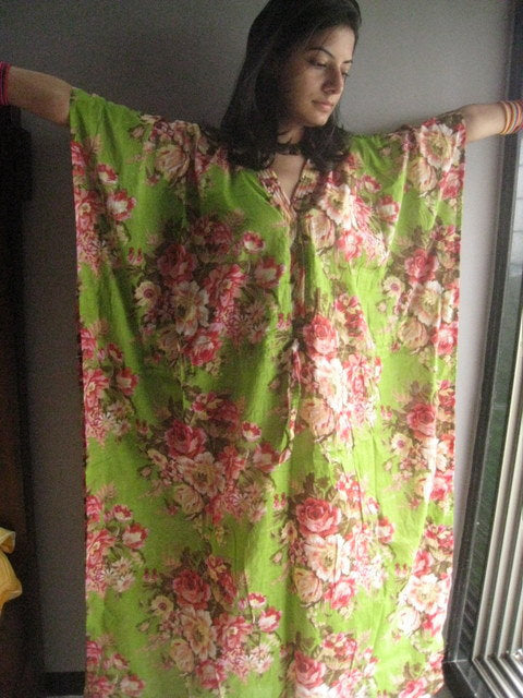 Green Floral Rosy Red Posy V-Neck Button Down to Waist, Ankle Length, Cinched Waist Caftan-A5 fabric Code