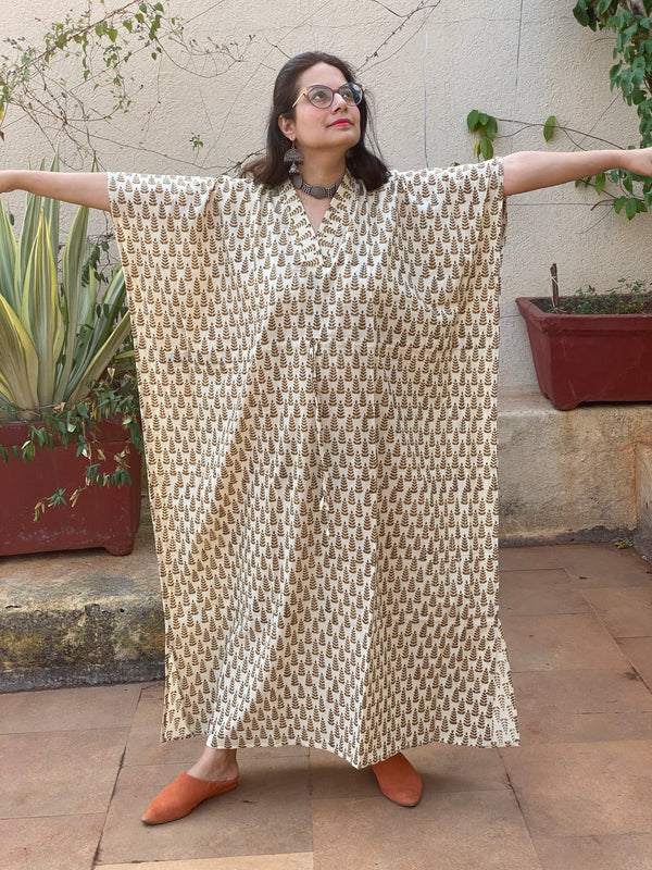 Ivory Mustard Tiny Tree Motif Hand Block Printed Caftan with V-Neck, Cinched Waist and Available in both Knee and Ankle Length