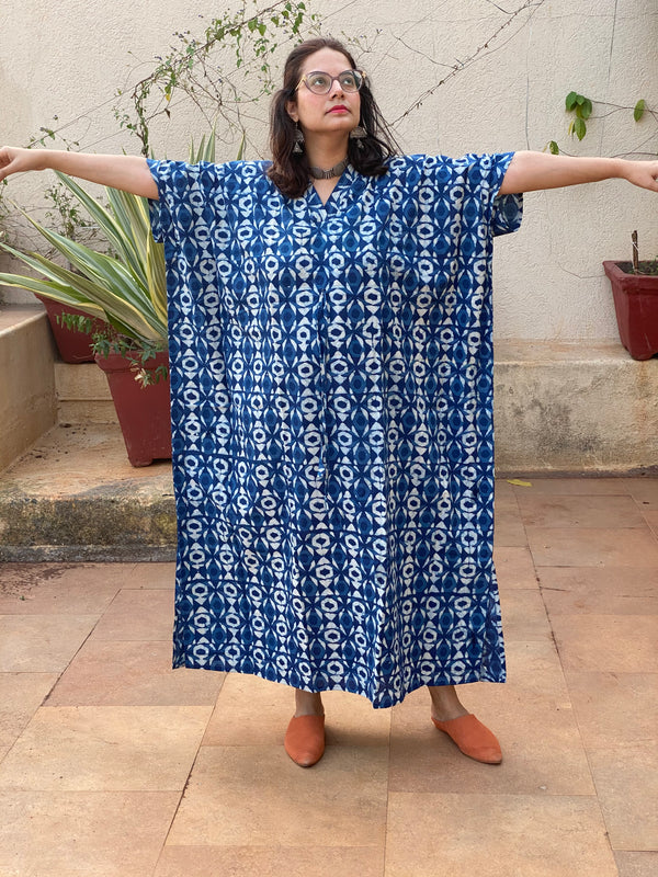 Indigo Blue Geometrical Motif Hand-Blocked Caftan with V-Neck, Cinched Waist and Available in both Knee and Ankle Length