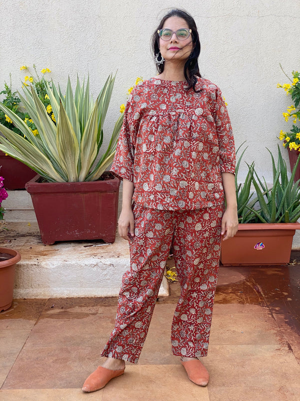 Red Floral Motif Hand Block Printed Pjs | Organic Cotton Pajama Set | Available in both shorts and pants style