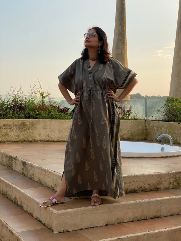 Gray Leafy Bordered Hand Block Printed Caftan with V-Neck, Cinched Waist and Available in both Knee and Ankle Length