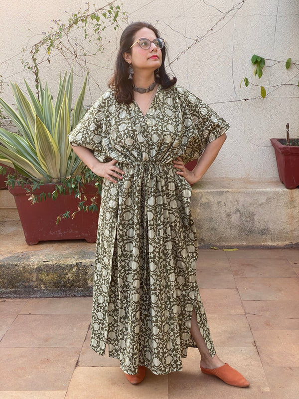Green Lotus Flower Motif Hand-Blocked Kaftan with V-Neck, Cinched Waist and Available in both Knee and Ankle Length