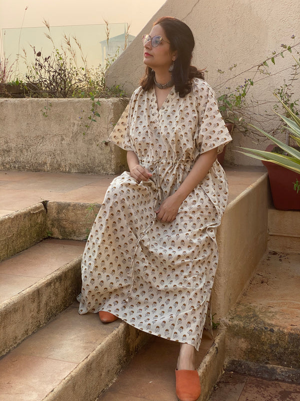 Cream Mustard Floral Motif Hand-Blocked Kaftan with V-Neck, Cinched Waist and Available in both Knee and Ankle Length