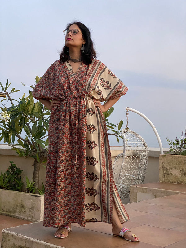 Red Floral Bordered Hand Block Printed Caftan with V-Neck, Cinched Waist and Available in both Knee and Ankle Length