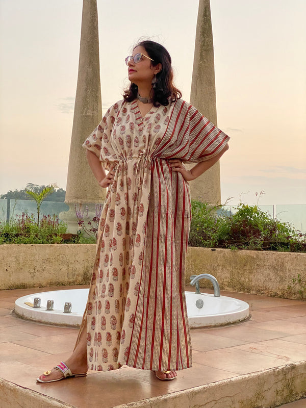 Cream Red Paisley Bordered Hand Block Printed Caftan with V-Neck, Cinched Waist and Available in both Knee and Ankle Length