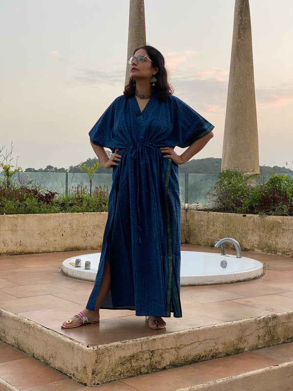 Indigo Blue Bordered Hand Block Printed Caftan with V-Neck, Cinched Waist and Available in both Knee and Ankle Length