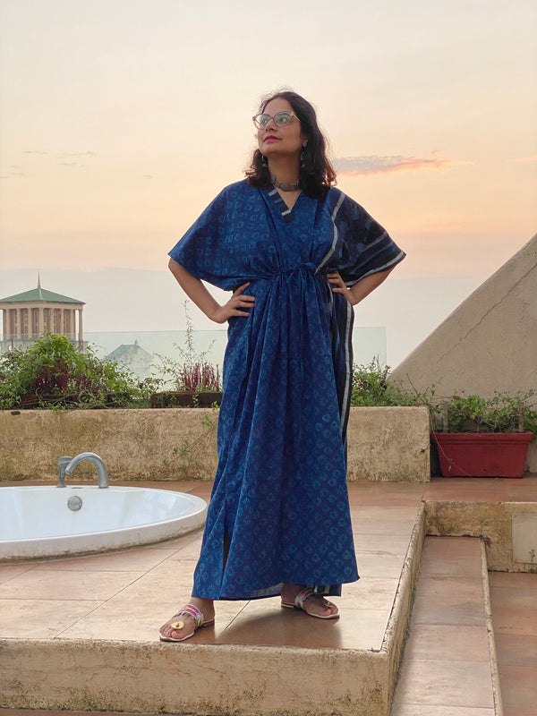 Dark Blue Bordered Hand Block Printed Caftan with V-Neck, Cinched Waist and Available in both Knee and Ankle Length