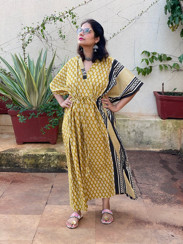Mustard Black Bordered Hand Block Printed Caftan with V-Neck, Cinched Waist and Available in both Knee and Ankle Length