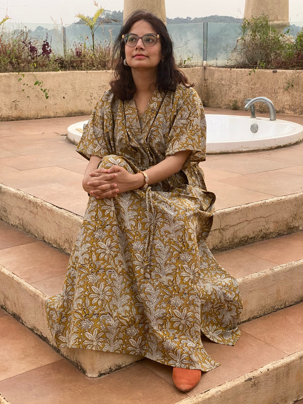 Mustard Floral Motif Hand-Blocked Caftan with V-Neck, Cinched Waist and Available in both Knee and Ankle Length