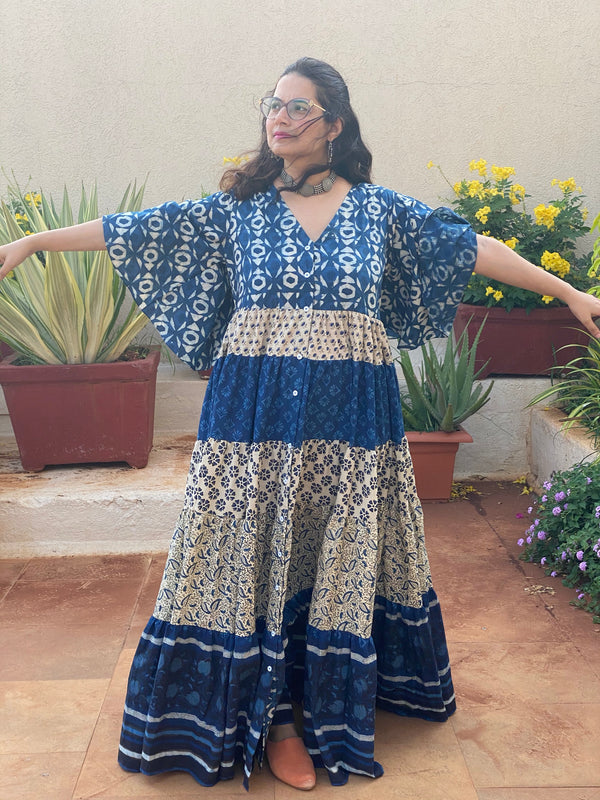 Indigo Blue and Ivory Mix 5 Tiered Dress in Hand-Block Print