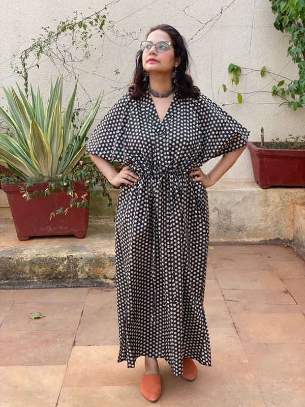 Black Tiny Flowers Motif Hand Block Printed Caftan with V-Neck, Cinched Waist and Available in both Knee and Ankle Length
