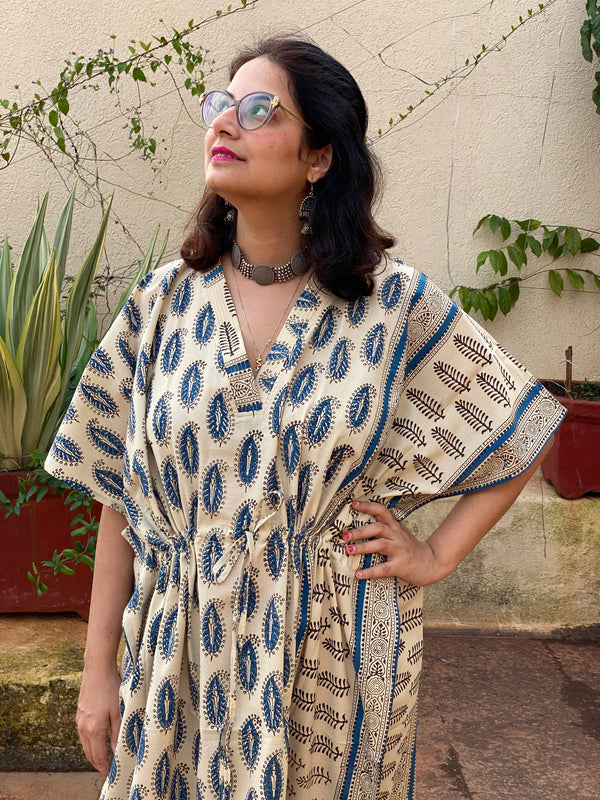 Ivory Blue Paisley Bordered Hand Block Printed Caftan with V-Neck, Cinched Waist and Available in both Knee and Ankle Length