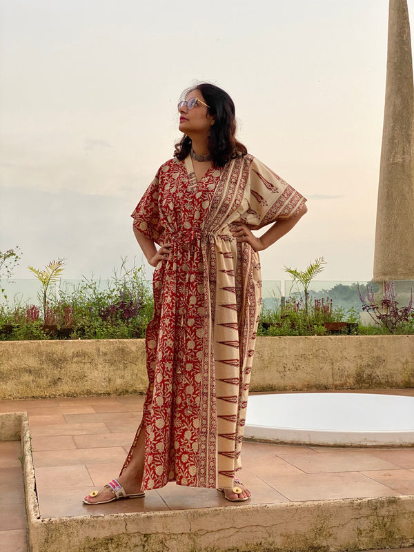 Red Floral Leafy Bordered Hand Block Printed Caftan with V-Neck, Cinched Waist and Available in both Knee and Ankle Length
